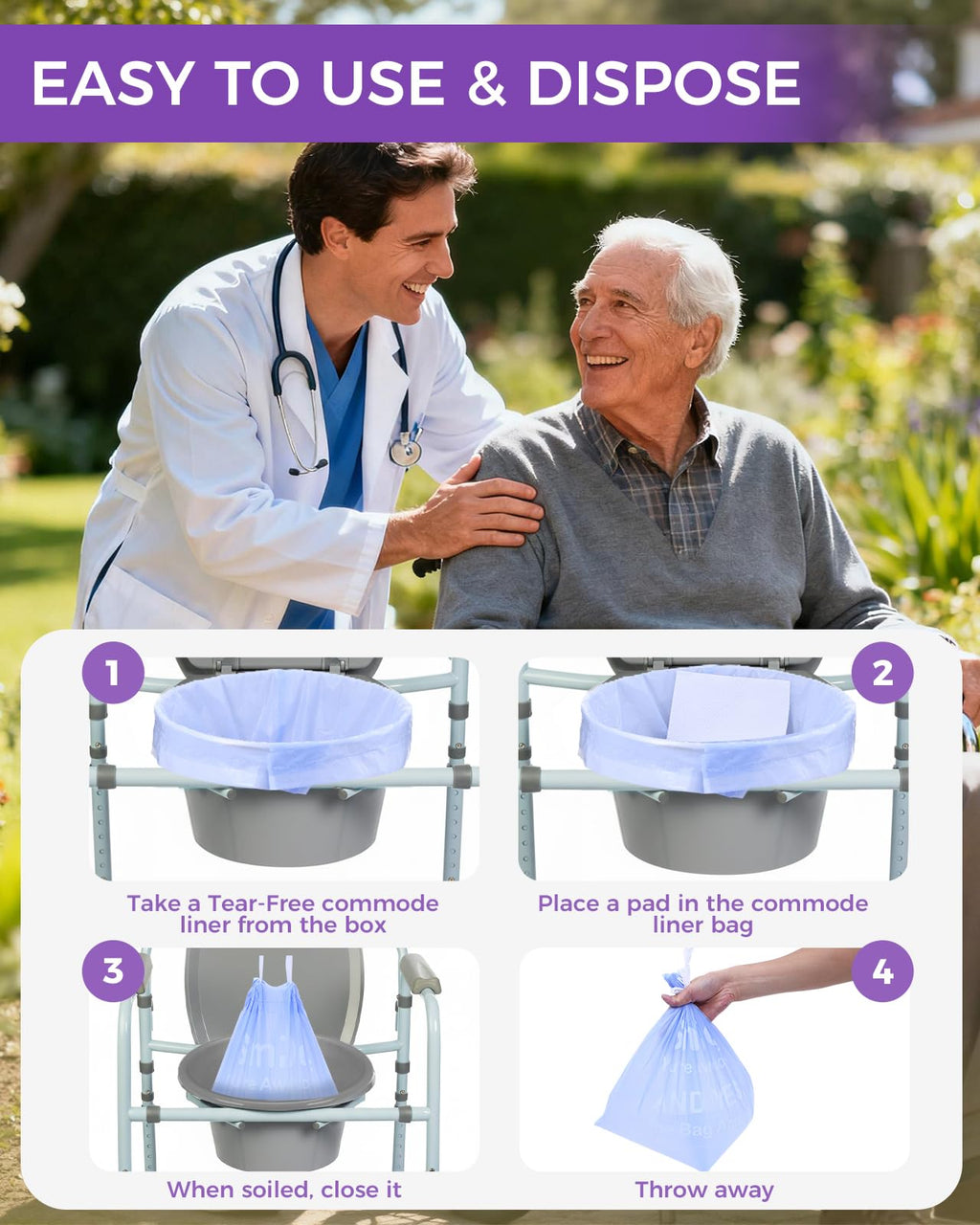 100 Pcs Bedside Commode Liners with Absorbent Pads, Tear-Free Leak-Proof Lavender Scented Commode Liners and Pads, Odor-Free Portable Toilet Liners & Potty Chair Bags for Disposable Adult, Bedpan