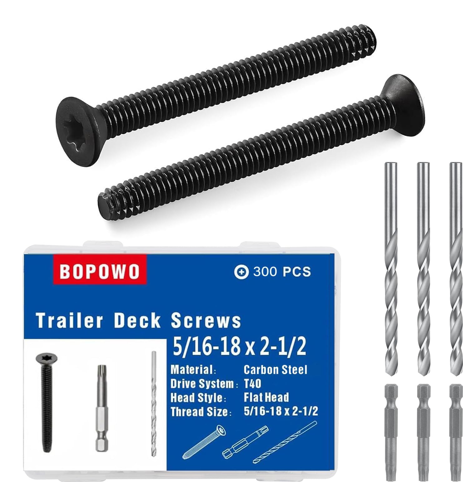 Bopowo (300pcs) 5/16-18 x 2-1/2" Flat Head Thread Cutting Trailer Deck Screws, Black Phosphate, Package Contains T40 Star Drivea and 9/32 Drill bit