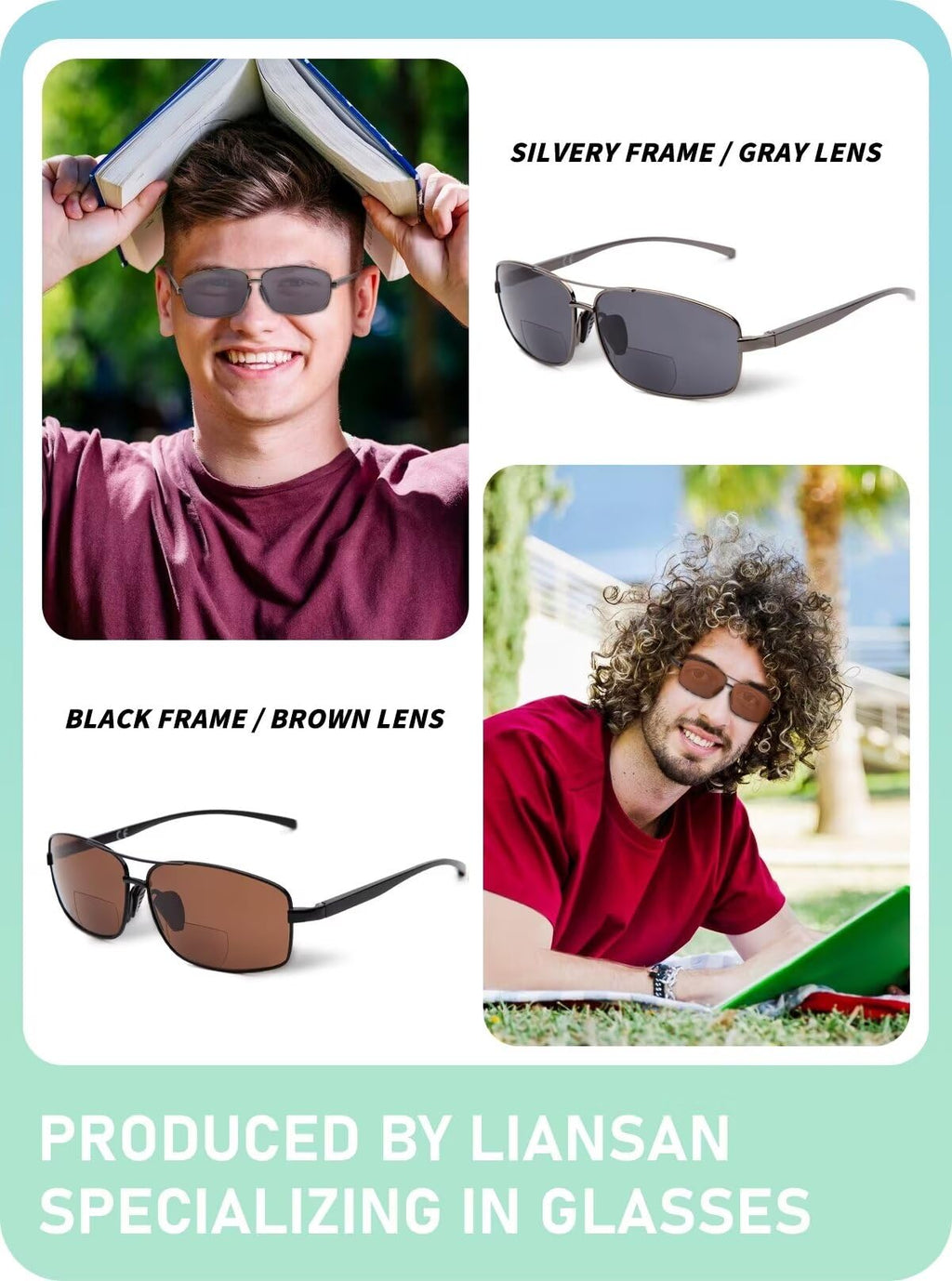 LianSan 2 Packs Premium Metal Bifocal Sunglasses for Men Women Retro Top Clear Sun Readers with UV Protection(Multicolor,1.75x)