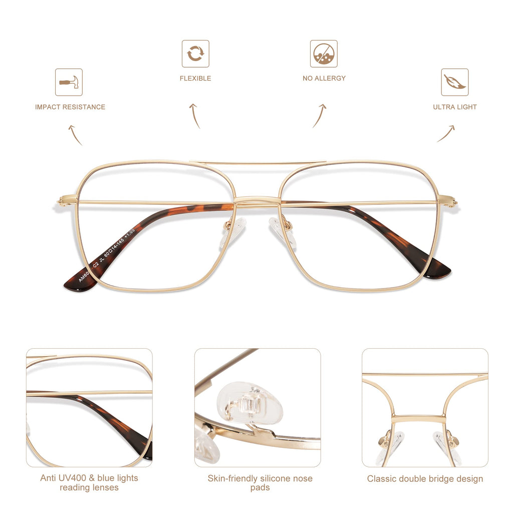 AMOMOMA 3 Pack Retro Reading Glasses for Women Men Aviator Square Blue Light Computer Womens Reader 1.50 2.00 AM6076C1+C2+C3 2.0 X