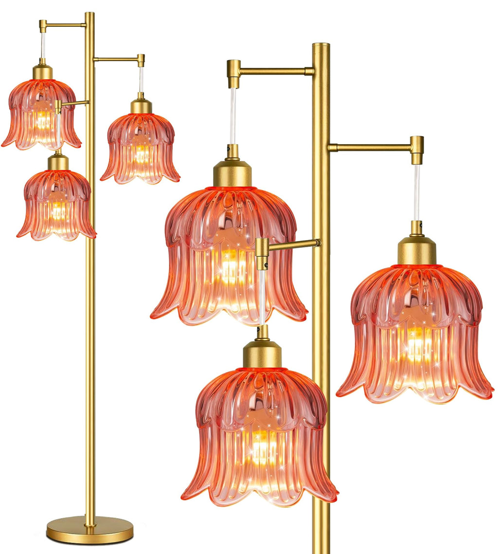 QIYIZM Pink Floor Lamp for Living Room,Bedroom,Gold Mid Century Modern Standing Lamp Brass Tree 3 Light Tall Floor Lamps Floor Lights Glass Flower Lamp Shade Girls Kids Boho Bohemian
