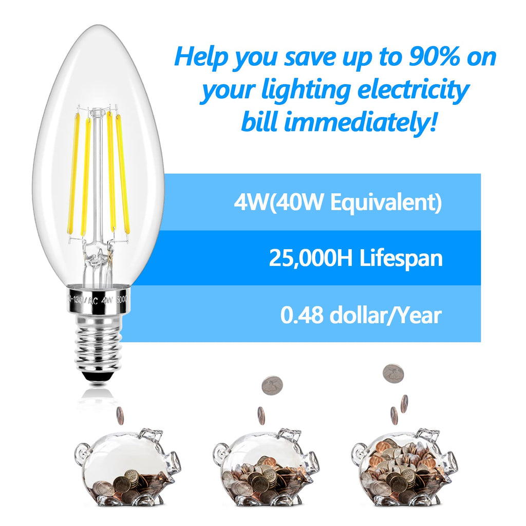 LED Candle Bulbs 40W Equivalent, Dimmable E12 Candelabra Light Bulbs 4W 470Lm Clear Edison LED Bulb, Daylight White 5000K B10 Classic Bright Filament Bulb, Decorative Bulbs for Lamps, Pack of 20