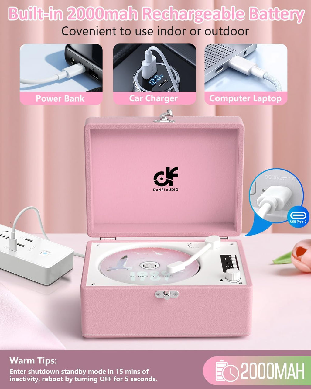 CD Player with Stereo Speakers, Wireless Bluetooth Input/Output Transmission, Rechargeable Battery, USB Retro CD Player Desktop for Home Party Decorations - Pink