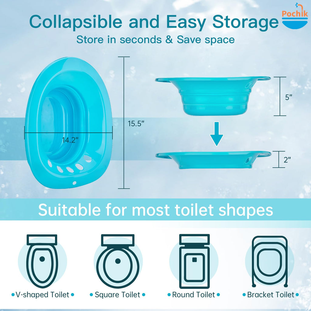Pochik Sitz Bath, Electric Sitz Bath for Hemorrhoids, Sitz Bath for Toilet Seat, Postpartum Care, Automatic Flushing, Sits Bath Kit for Women, Unisex Sitz Bath Seat for Soak, Collapsible, Deeper Bowl