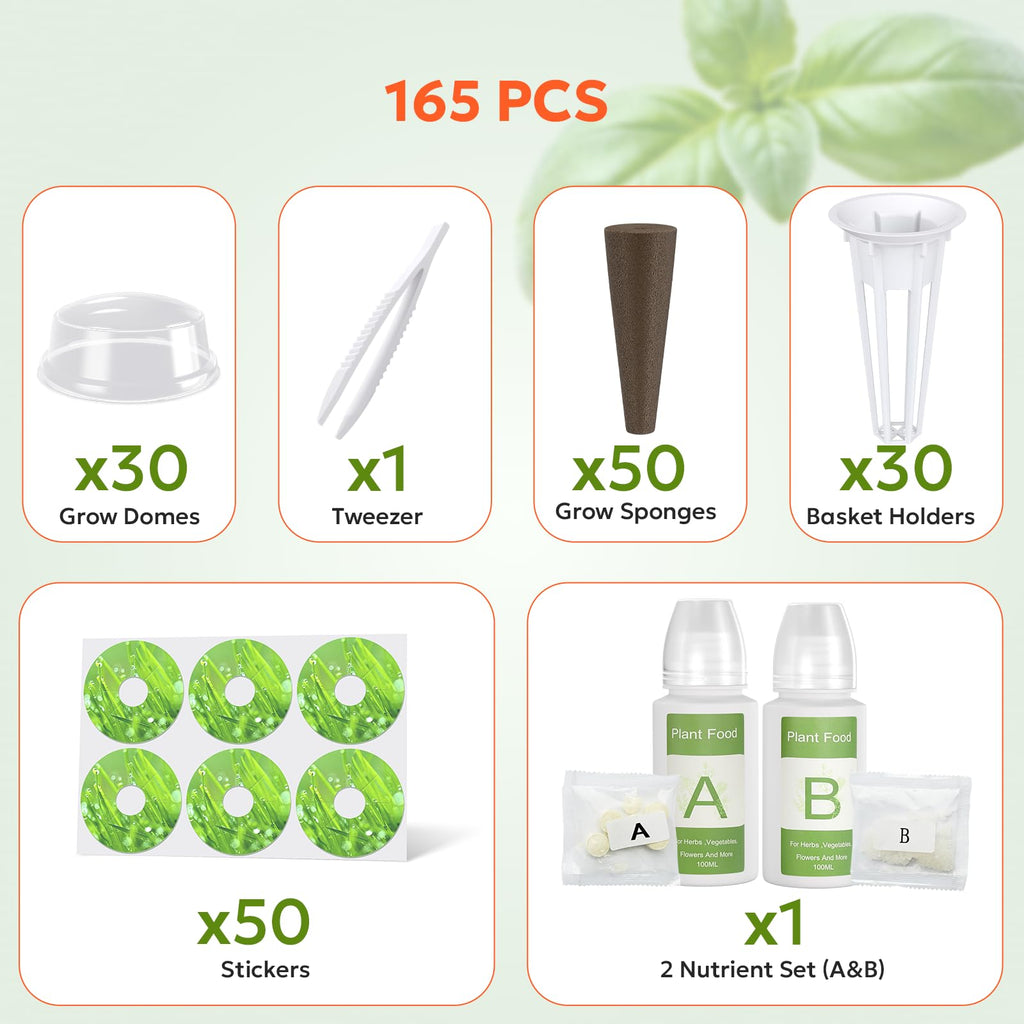 Owltron 165 Pcs Hydroponic Seed Pods Kits, Grow Anything Kit Pod for Indoor Herb Garden with 50 Sponges, 4 A&B Nutrient Plant Food, 30 Baskets, 50 Stickers, 30 Germination Domes, 1 Tweezer