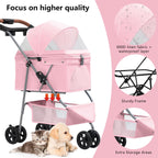 Pet Stroller for Small/Medium Dogs and Cats, Foldable 3 Wheel Jogger with One-Click Fold, Breathable Mesh, Storage Basket, Cup Holder, Weather Cover, (Pink)