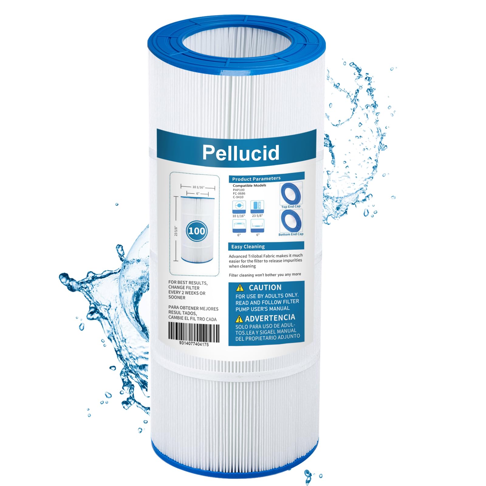 PELLUCID CC100 Pool Filter Compatible with CCRP100, PAP100, PAP100-4, C-9410, R173215, Filbur FC-0686, 59054200, 160316, 160354, Predator 100,100 sq.ft, Dimensions: 23 5/8" x 10 1/16"