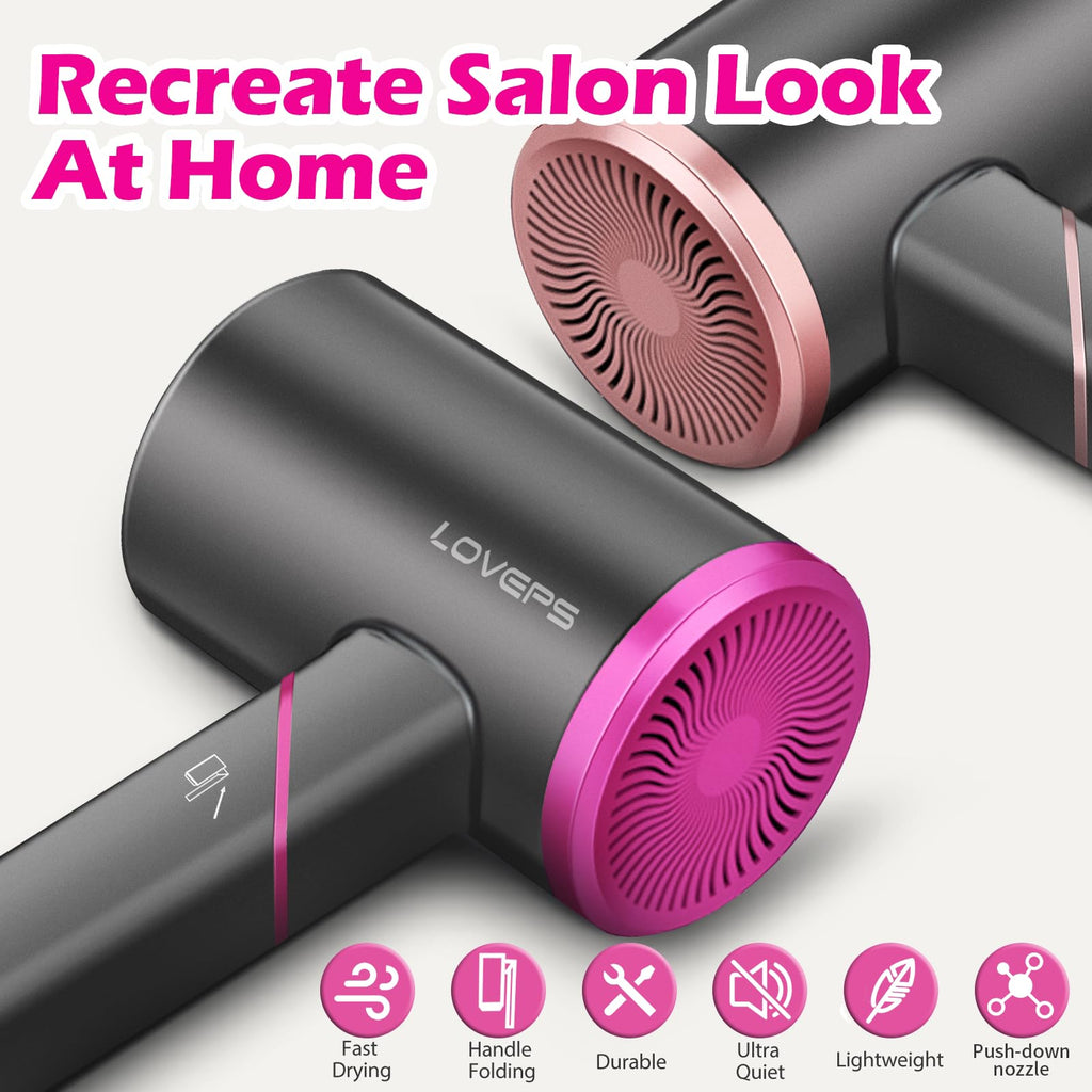 Hair Dryer, 1800W Ionic Blow Dryer, Foldable Handle Travel Hair Dryer