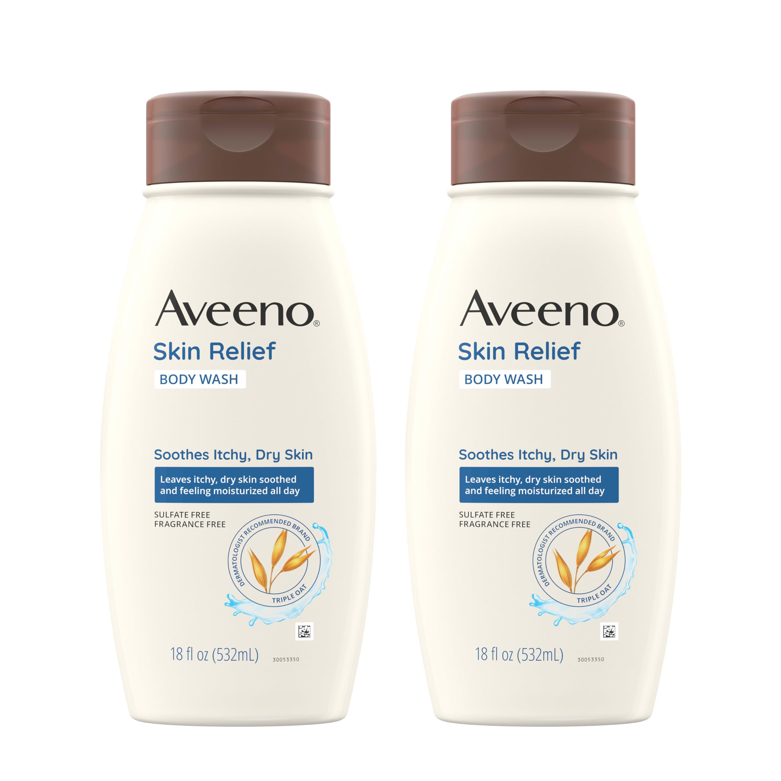 Aveeno Skin Relief Fragrance-Free Body Wash with Triple Oat Formula, Gentle Daily Cleanser for Sensitive Skin Leaves Dry Skin Feeling Moisturized, Sulfate-Free, 18 fl. oz, 2 Pack