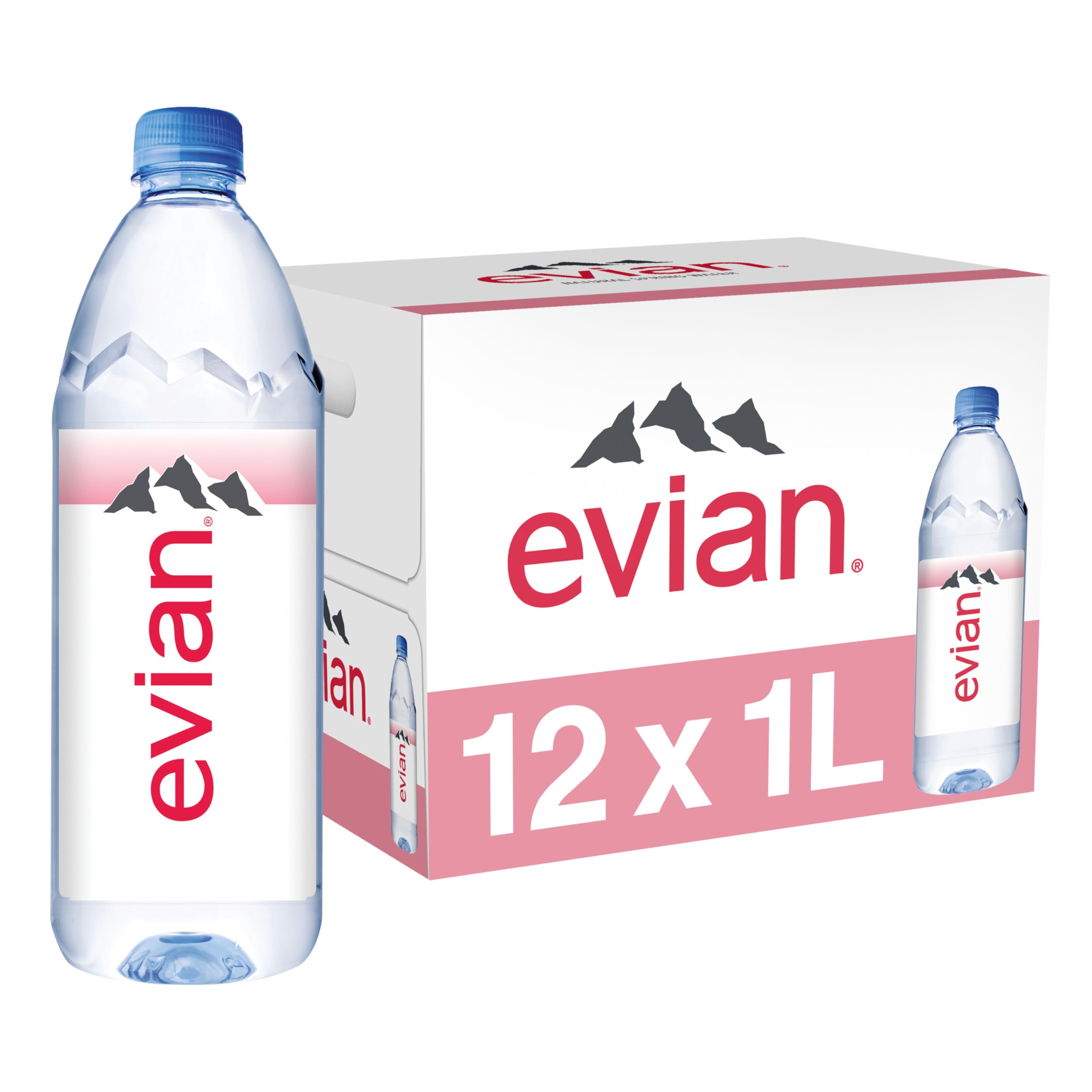 Evian Natural Spring Water (One Case of 12 Individual Bottles, each bottle is 1 liter) Naturally Filtered Spring Water in Large Bottles