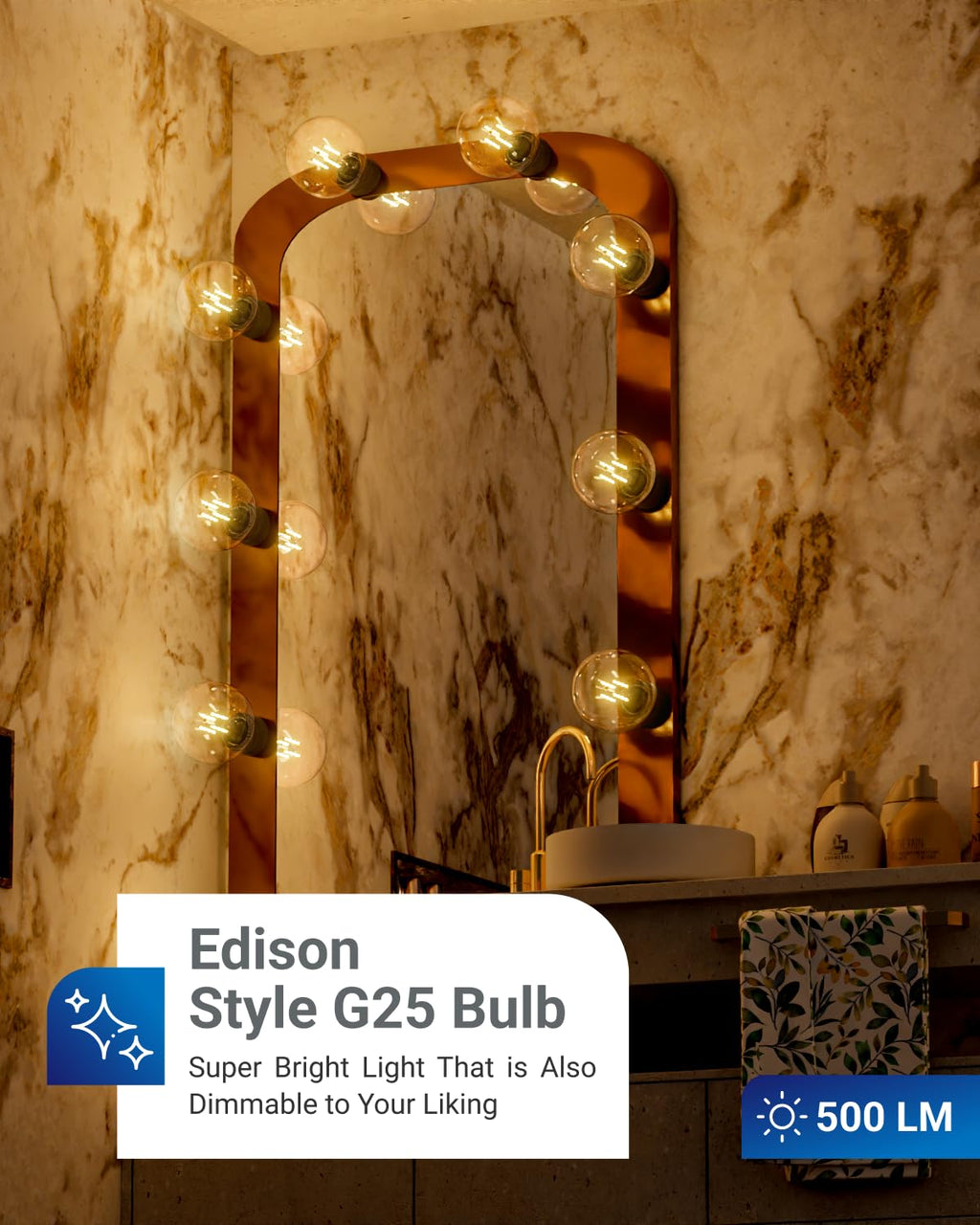 Sunco 10 Pack G25 Globe Light Bulbs LED Edison Vanity Light Bulbs, CRI90, 2700K Soft White, Dimmable, 5W=60W, Clear Vintage Filament Globe, 500 Lumens, E26 Base, Indoor Outdoor, UL