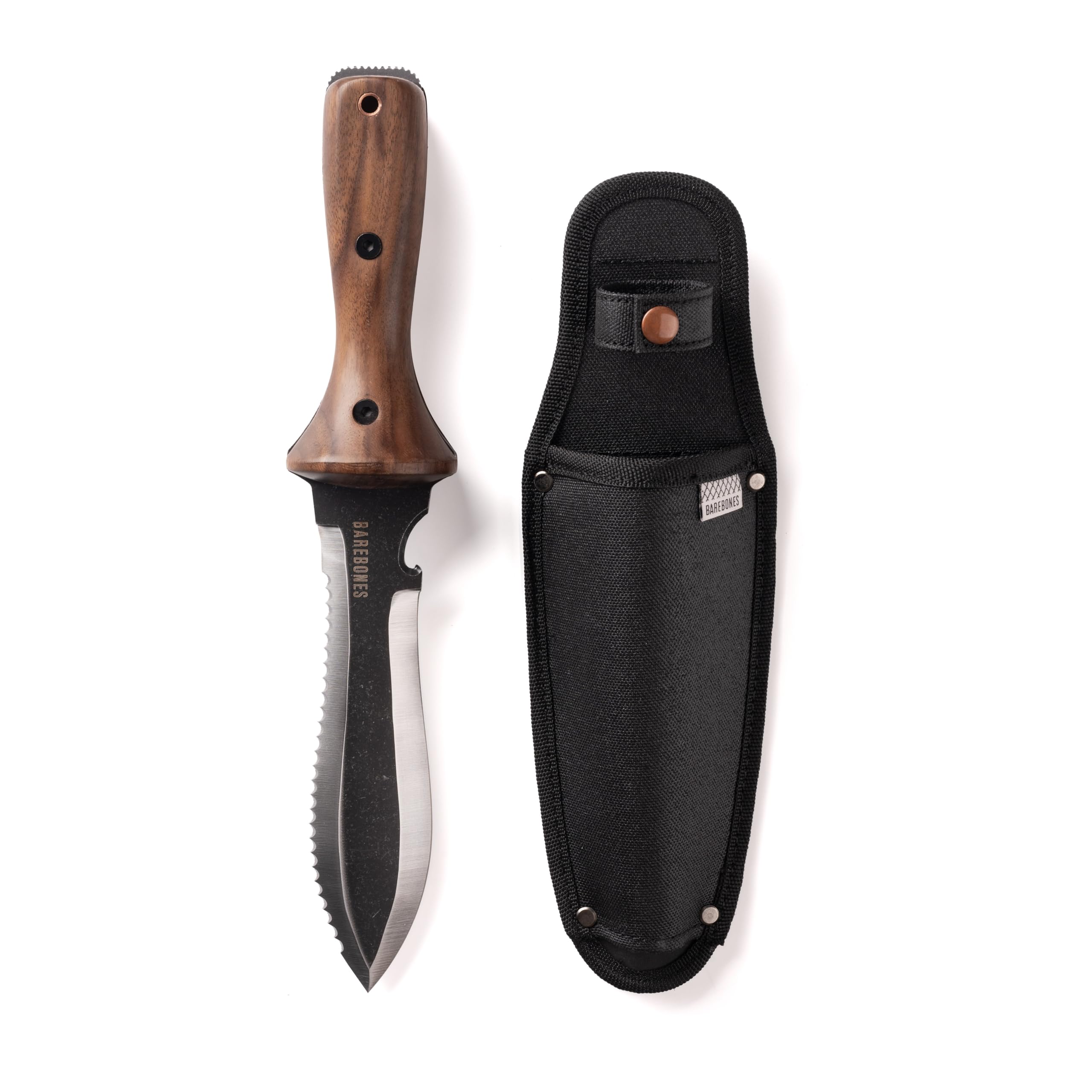 Barebones Hori Hori Ultimate - Garden Knife with Double-Edged Tempered Steel Blade, Walnut Handle, Ambidextrous Use, Japanese Knife Garden Tool for Weeding and Gardening Tool and Sheath (Ultimate II)