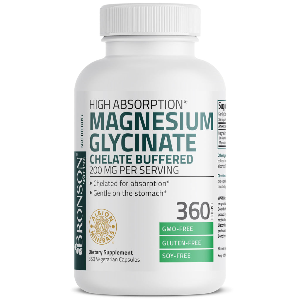 Bronson Magnesium Glycinate 200 MG per Serving Chelated for High Absorption, Gentle On Stomach, Non-GMO, 360 Vegetarian Capsules