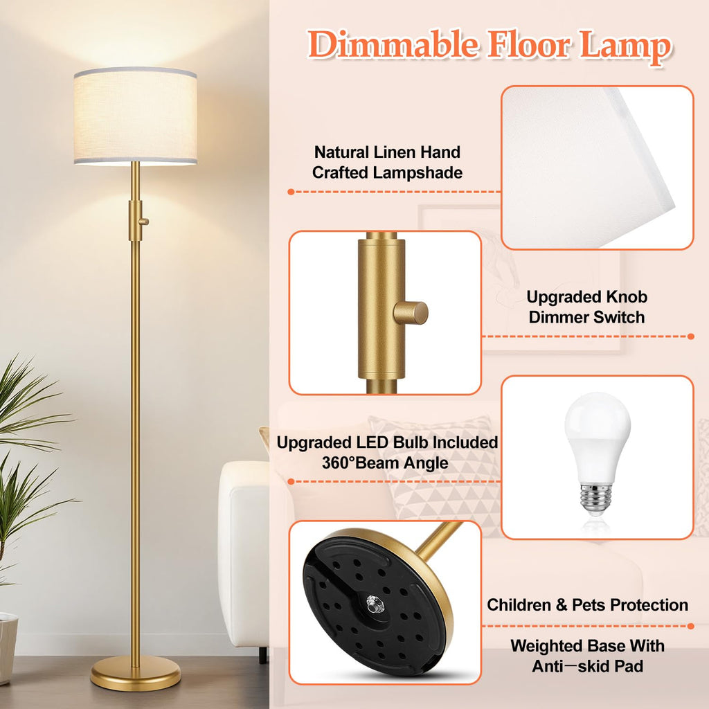 Yemela 【Upgraded】 Dimmable Gold Floor Lamps for Living Room, 9W LED Bulb Included, Modern Standing Lamp with White Lamp Shade, Tall Pole Light for Bedroom Reading Office Corner Nursery