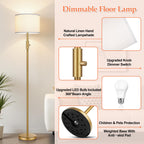 Yemela 【Upgraded】 Dimmable Gold Floor Lamps for Living Room, 9W LED Bulb Included, Modern Standing Lamp with White Lamp Shade, Tall Pole Light for Bedroom Reading Office Corner Nursery