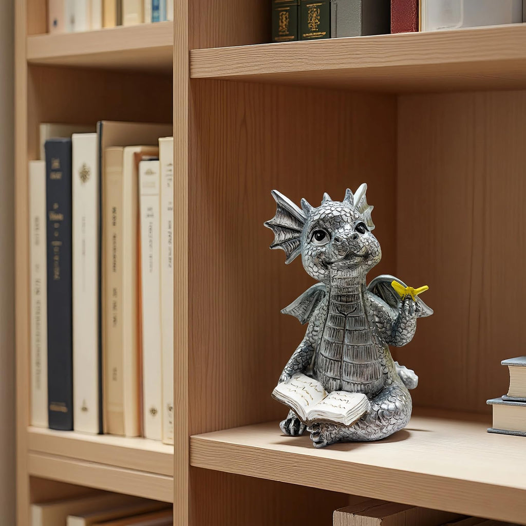 JARPSIRY Cute Dragon Reading Book Statue, 5.9-Inch Tall Dinosaur Holding Butterfly Figurines Art Resin Sculpture Outdoor Garden Decor Home Desk Ornaments