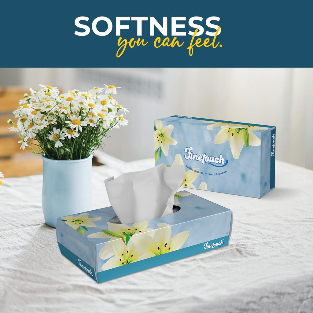 Finetouch 2-Ply Facial Tissues – 6 Boxes of 130 Soft Tissues (780 Total) – Strong & Gentle Tissue for Home, Office, or Travel Use