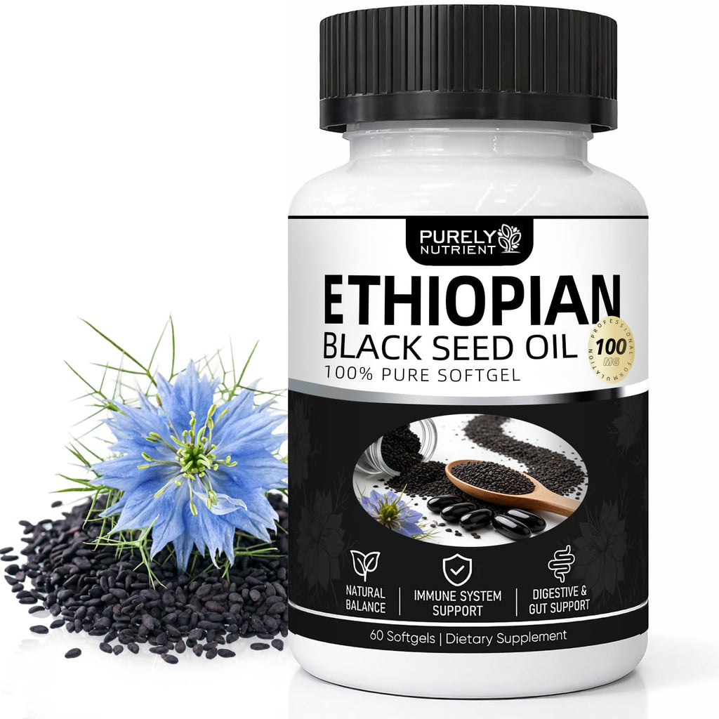 NHQNHQ Purely Nutrient Ethiopian Black Seed Oil, Ethiopian Black Seed Oil Softgels |4.64% Thymoquinone | Non-GMO, Gluten-Free,60 Capsules-1PCS