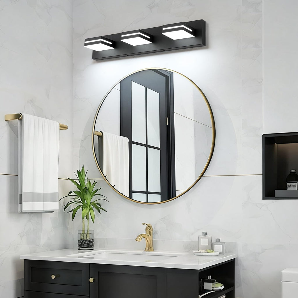 SineRise LED Modern Bathroom Vanity Light Fixtures, Modern Acrylic Bathroom Wall Lighting Fixtures Over Mirror, 3-Light, 24-Inch, Black, White