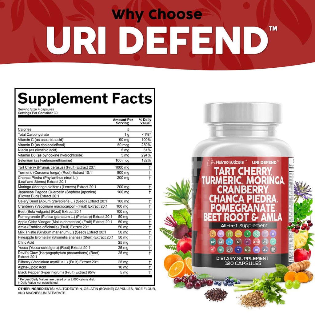 Clean Nutraceuticals Tart Cherry Extract Capsules with Turmeric Moringa Cranberry Chanca Piedra Celery Quercetin ACV Pomegranate L Selenomethionine - Uric Levels - 120 Ct