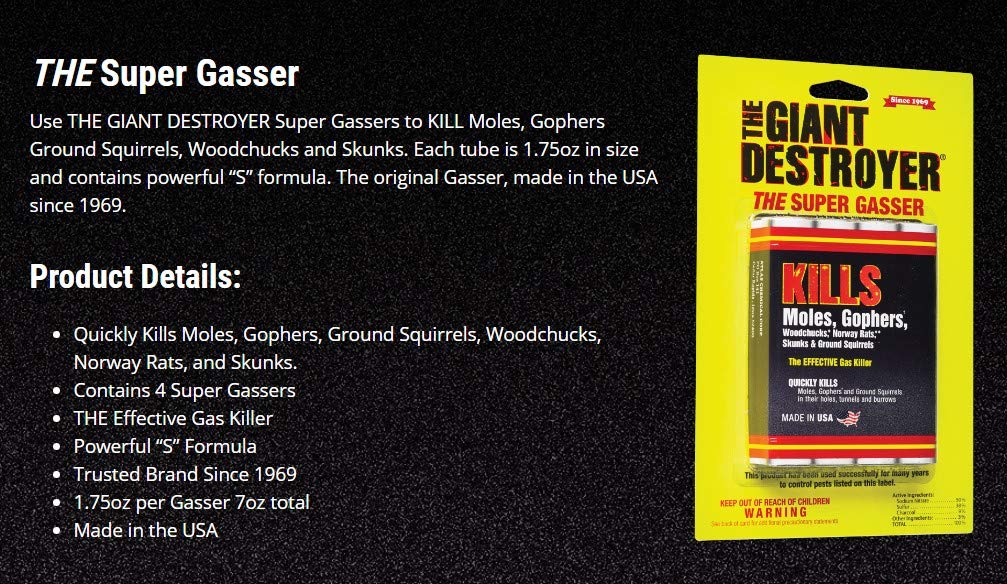 The Giant Destroyer (Gas Killer) (1Pack of 4 Tubes) Kills Moles, Gophers, Woodchucks, Norway Rats, Skunks, Ground Squirrels in Their Holes, Tunnels, Burrows. NO Dealing w/Dead pest, Better Than Traps