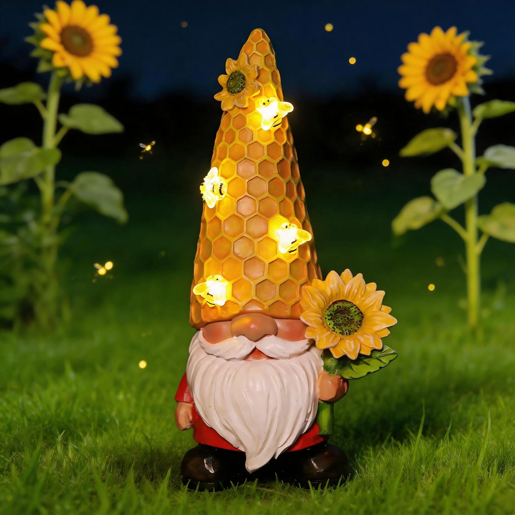 REYISO 12.3'' Sunflower Garden Gnomes Statue with Solar Bee Lights