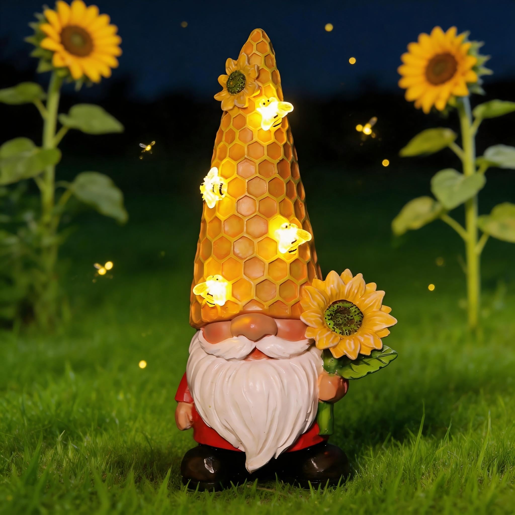 REYISO 12.3'' Sunflower Garden Gnomes Statue with Solar Bee Lights