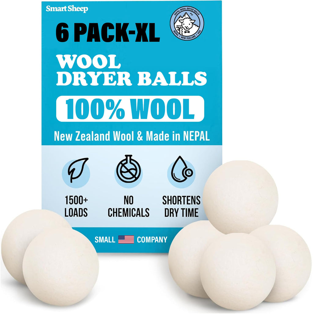 Wool Dryer Balls - Smart Sheep 6-Pack - XL Premium Natural Fabric Softener Award-Winning - Wool Balls Replaces Dryer Sheets - Wool Balls for Dryer - Laundry Balls for Dryer, 6 Count (Pack of 1)