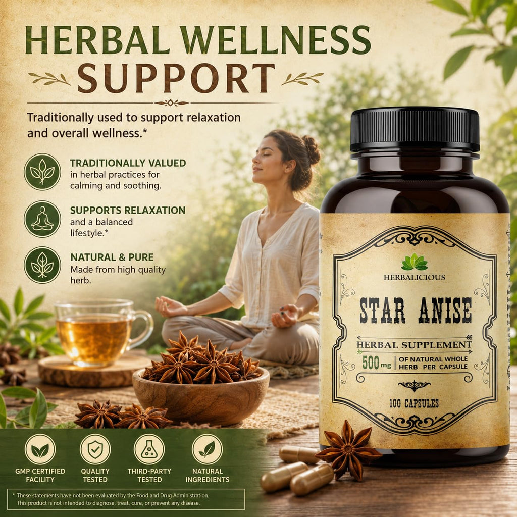 HERBALICIOUS Star Anise Supplement – Organic (Illicium verum) – 100 Capsules – 1000mg – No Fillers, No Preservatives – Immune & Antioxidant Support