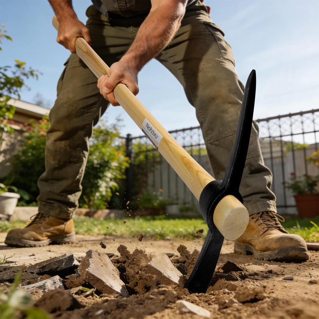 Nohovu Pickaxe with Wood Handle, Heavy Duty Forged Steel Pick Axe for Digging, 36 Inches (406I)
