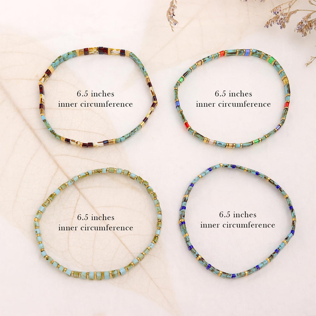Tyebiva Tila Flat Beaded Bracelets Set for Women, 4Pcs Trendy Handmade Glass Turquoise Colorful Stack Beads Stretch Bracelet Festive Holiday Accessories Jewelry Gift.