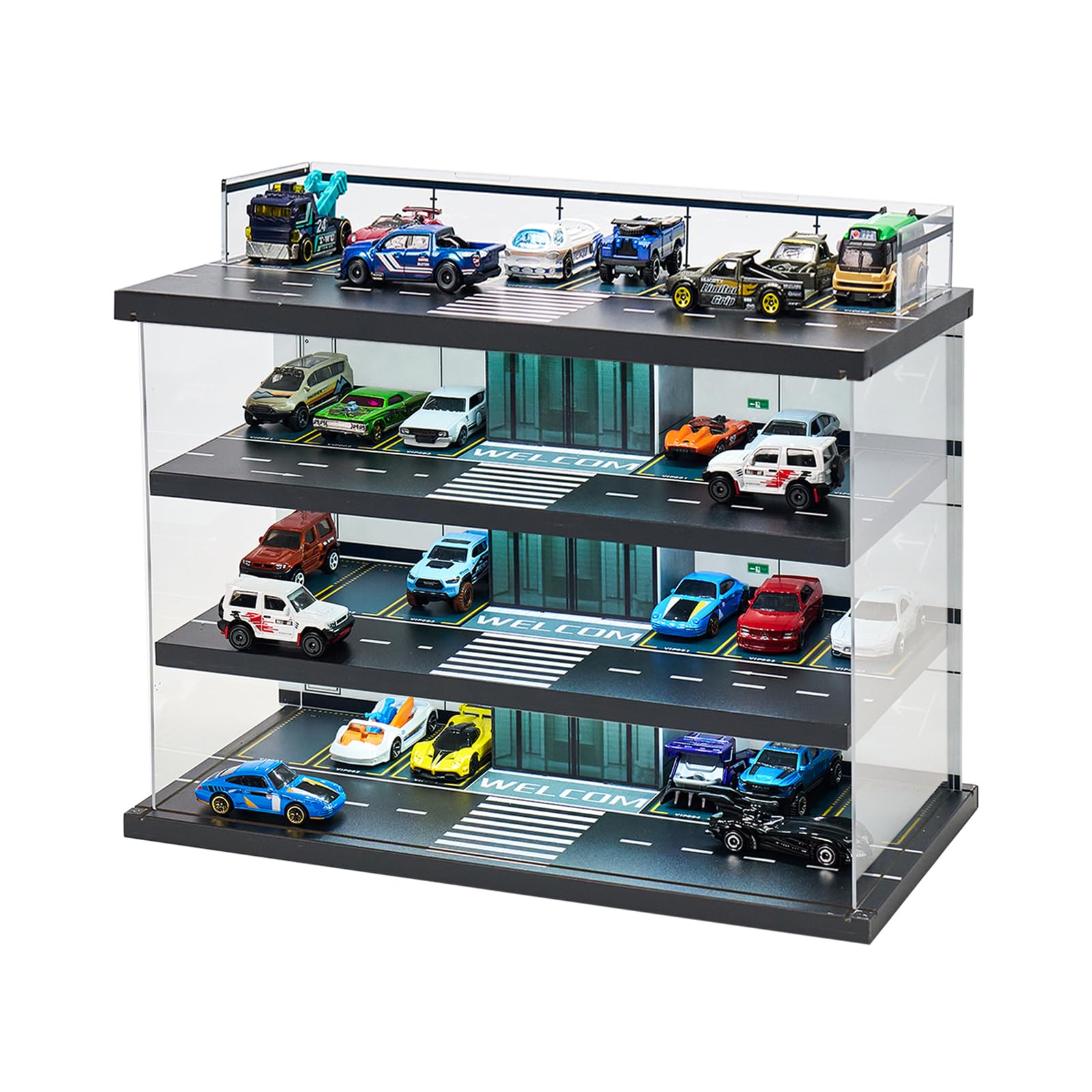 Display Case for Hot Wheels Garage & Matchbox Cars with LED Light, 1/64 Scale Diecast Toy Cars Garage, Storage Case for Hot Wheels, Parking Garage Diorama with 4 Levels Maximum 58 Cars