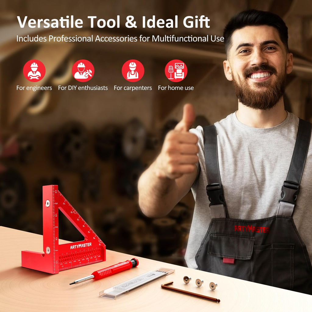 3.8＂Mini 3D Multi-Angle Measuring Square Ruler, WT102A High Precision Hole Scribing Woodworking Tools, 0-90° Aluminum Alloy Carpenter Square Wood Working Tools, Carpenter Pencils 6 Refills.