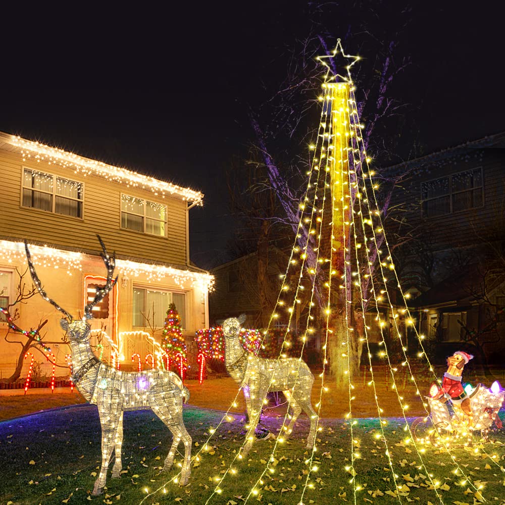 FUNIAO (New) Christmas Decoration Lights, 320 LED Waterfall Christmas Tree Lights with 12" Star Topper, 8 Modes Indoor Outdoor String Lights for Yard, Party, Home, Holiday (Warm White)