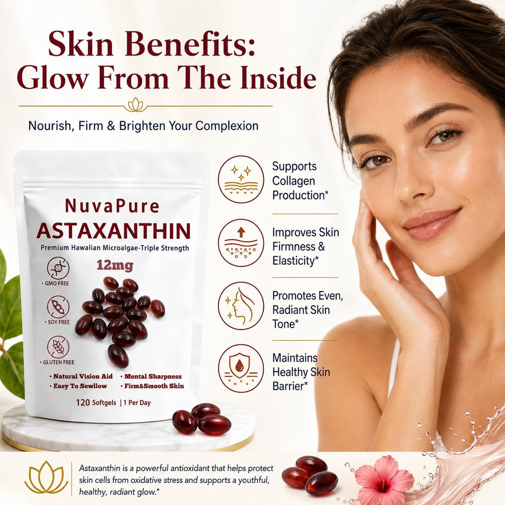 glowdrop NuvaPure Astaxanthin with MCT Oil, 12mg Per Serving, Astaxanthin from Microalgae, Antioxidant Supplement for Daily Wellness, 120 Softgels