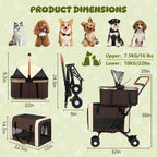 Beuway Double Pet Stroller for Dogs and Cats, One-Step Folding Dog Stroller Travel Carriage for Small Medium Dogs Cats, 2 Detachable Carrier Bags, 4 Lockable Wheels (Brown)