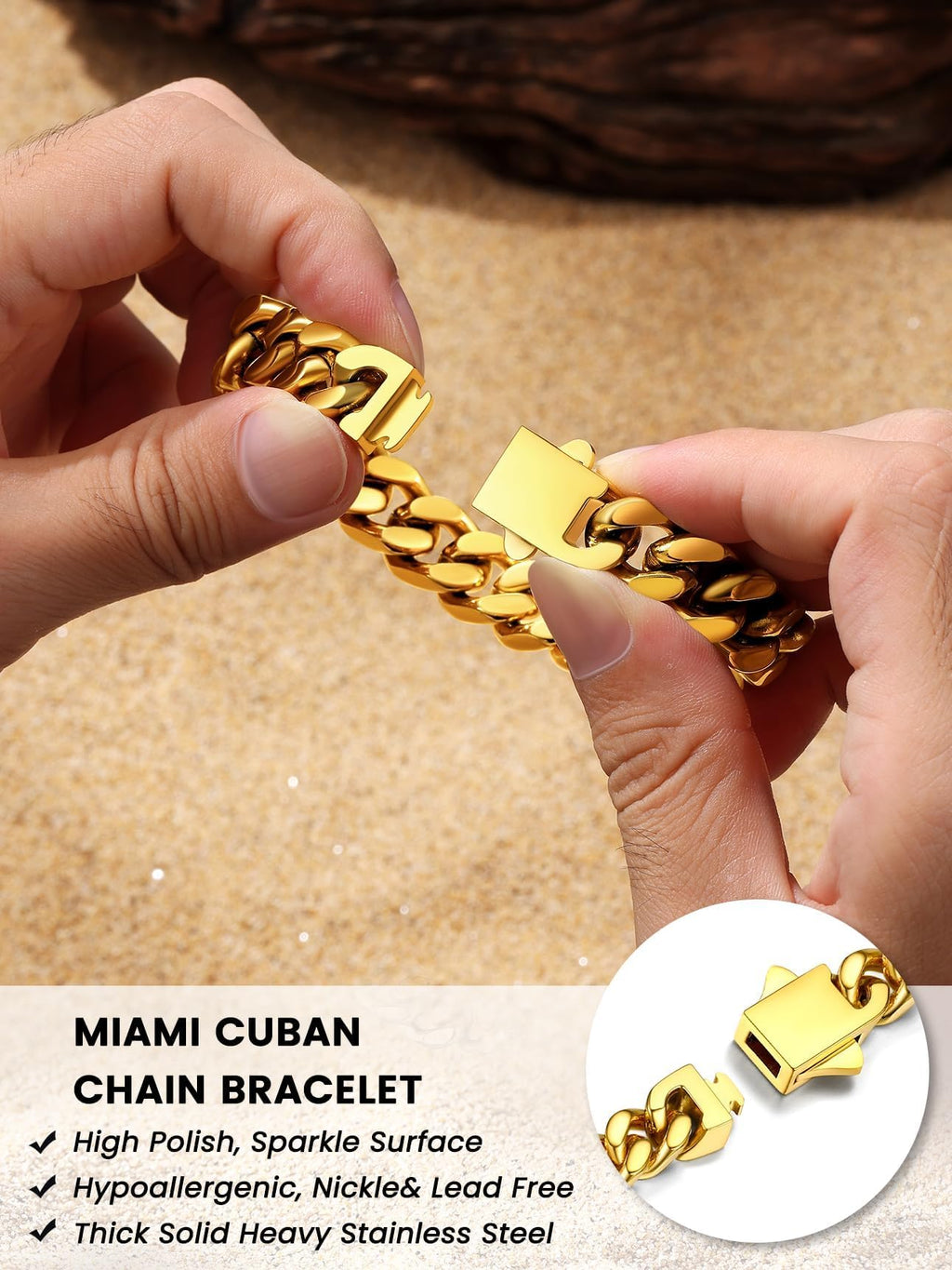 Bestyle 5mm 18K Gold Filled Miami Cuban Chains Bracelets Cool Causal Style Stainless Steel Curb Link Chain Bracelet for Men & Women, Daily Wear Gold Hand Chain 19cm/7.5Inch