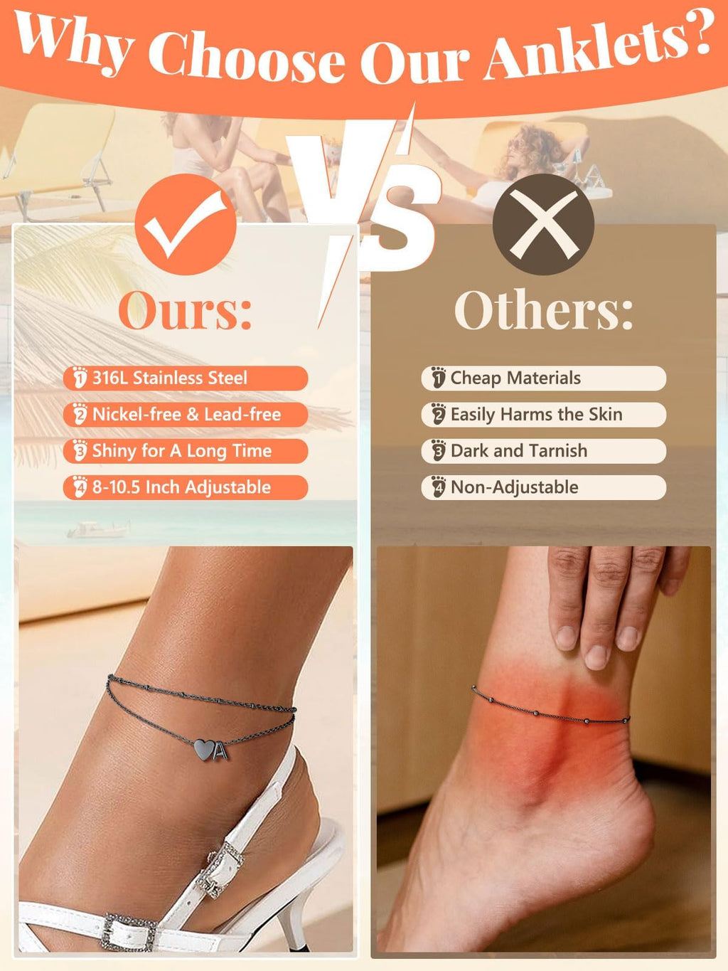 Silvora Ankle Bracelets for Women Black Heart Anklet for Women Dainty Layered Initial Ankle Bracelets Adjustable Foot Chain Stainless Steel Anklet Summer Waterproof Jewelry Letter J