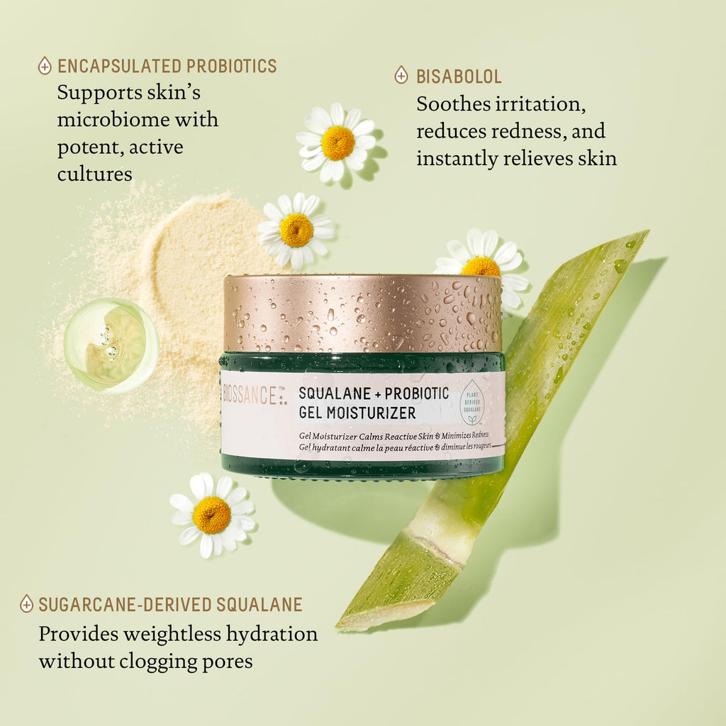 Biossance Squalane + Probiotic Balancing Face Gel Moisturizer - Advanced Formula for Oily & Acne-Prone Skin, Encapsulated Probiotics, Reduces Redness & Excess Oil, Soothes Sensitive Skin - 1.69 oz
