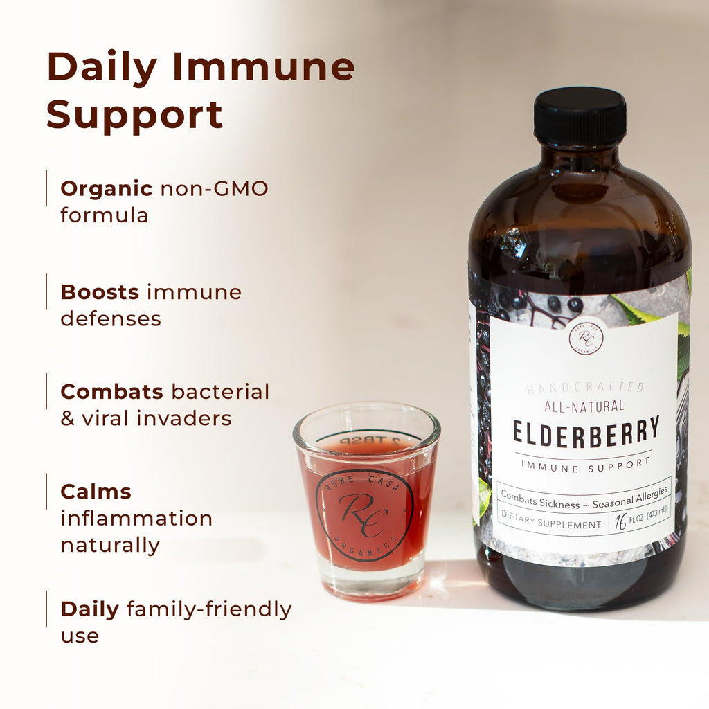 Rowe Casa Organics Elderberry Immune Support with Antioxidants, Zinc, and Vitamin C for Kids and Adults, Organic Elderberry Syrup for Immune Support, 16 Fl Oz