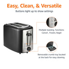 Amazon Basics 2 Slice Toaster, Extra Wide Slots for Bagels, 6 Browning Settings, Removable Crumb Tray, Defrost/Cancel/Bagel Buttons, Cord Wrap, 900W, Black & Silver