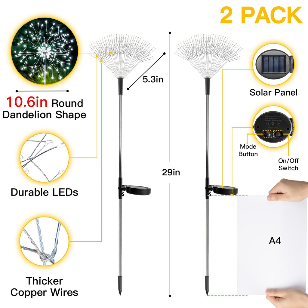 suddus Solar Garden Lights Outdoor Waterproof Decorative, 2Pack 150LED Firework Lights, Solar Fairy Lights for Yard, Garden, Party, Patio, Pathway, Flowerbed - White