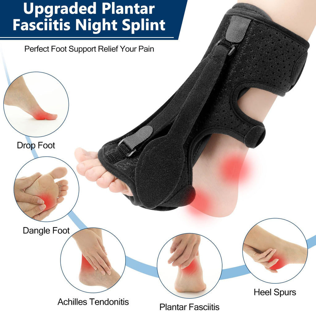 exhood Upgraded Plantar Fasciitis Night Splint, 3 Adjustable Straps Plantar Fasciitis Relief Braces for Achilles Tendonitis, Foot Drop & Heel Spur Pain Relief Day & Night (Black)
