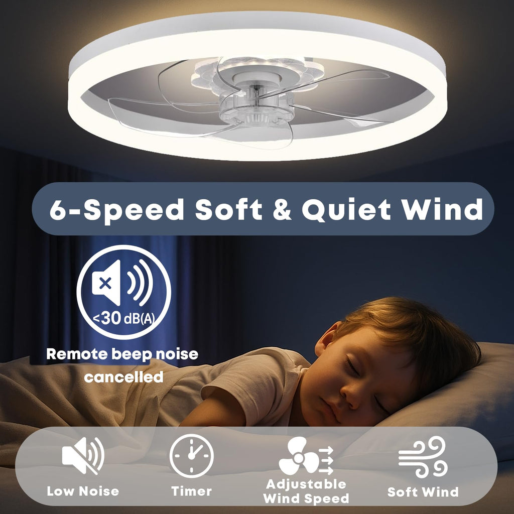 FSZDORJ 24'' Ceiling Fan with Light, Upgraded Low Profile Ceiling Fan with Light, Dimmable Flush Mount Ceiling Fan with Light, Fan light, 6 Speeds, App & Remote Control, Quiet Fan for Bedroom, Kitchen