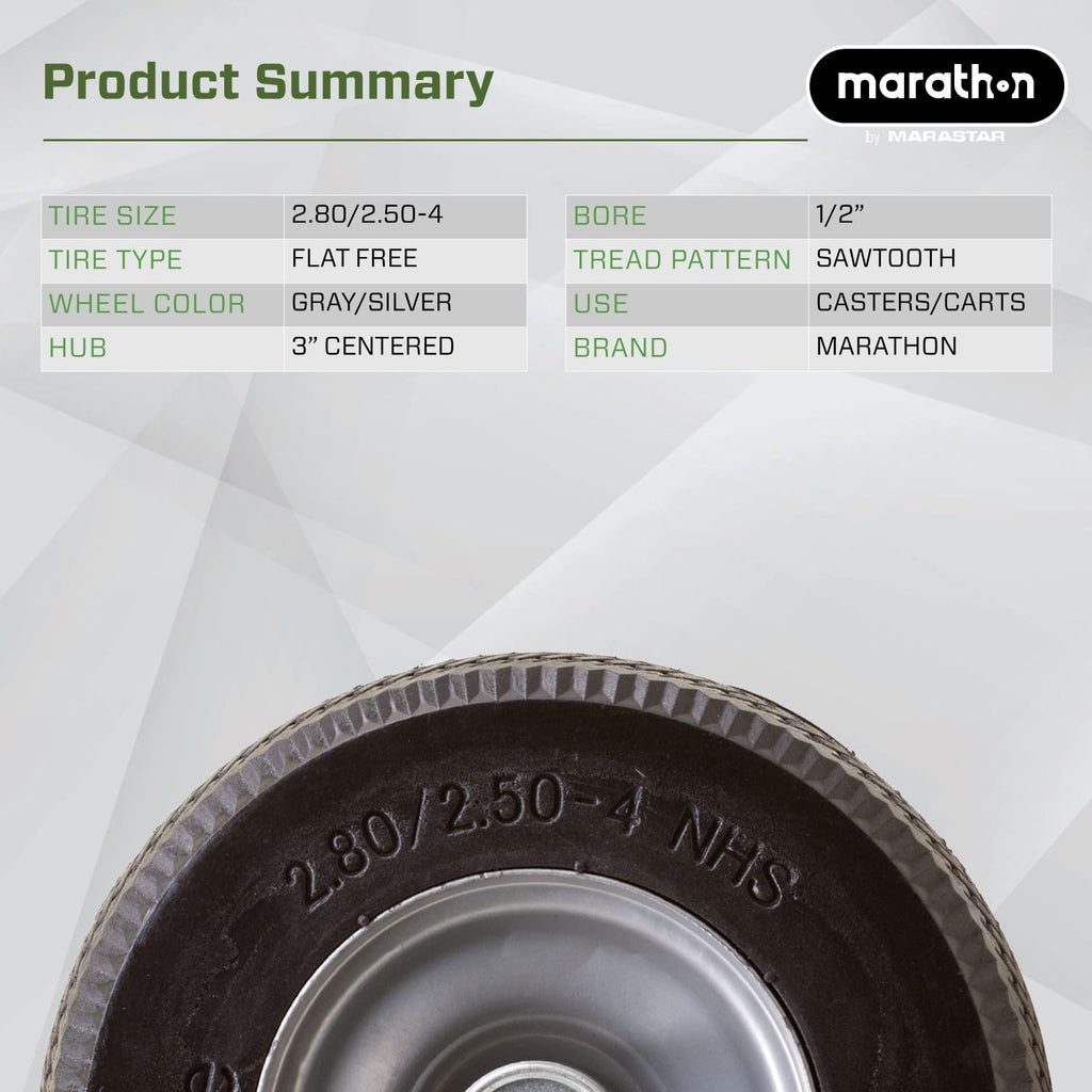 Marathon 00026 Flat Free 2.80/2.50-4 Tire and Wheel Assembly, 3” Centered Hub, 1/2” Ball Bearings, Replacement Tire for Casters, Utility Carts and Other Equipment, Easy Install Assembly