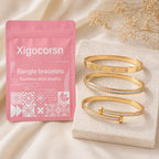 Xigocorsn Gold Bangles Bangle Bracelets Set for Women, genuine gold electroplating 3 Piece Elliptical Design with Cubic Zirconia Accents, 2.36 Inch Diameter, Waterproof Stainless Steel