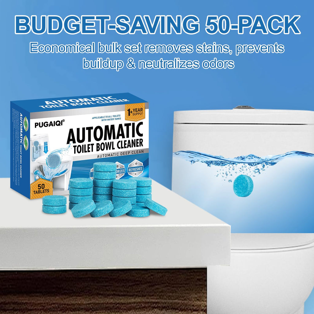PUGAIQI Toilet Bowl Cleaner Tablets Blue Toilet Tank Cleaners, Septic-Safe Hard Water Stain Remove, Effervescent Stain & Odor Remover Bathroom， Automatic Toilet Cleaning & Deodorizer 50 TabsTTDS