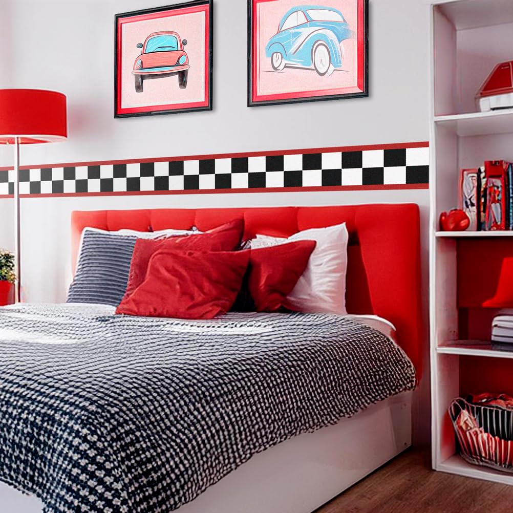 SuperDuperDecor - Chequered Flag with Red Stripes - Bedroom Wall Border - Eco 1.3m Self Adhesive Strips