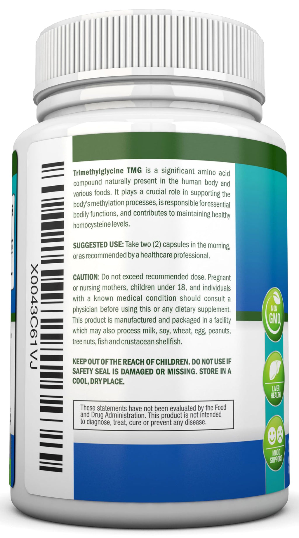 TMG Trimethylglycine Supplement - 1000mg - 180 Capsules - Premium Pure Betaine Anhydrous - Supports Normal Homocysteine & Blood Pressure Levels - Promotes Methylation Processes - Non-GMO Formula