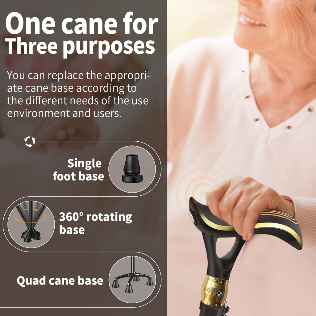 ispuoocti Smart Alarm Walking Cane for Men & Women, Telescopic and Adjustable Walking Sticks for Seniors, USB Direct Charge, with LED Light, One Cane for Three Purposes, Light and Stable (Black)